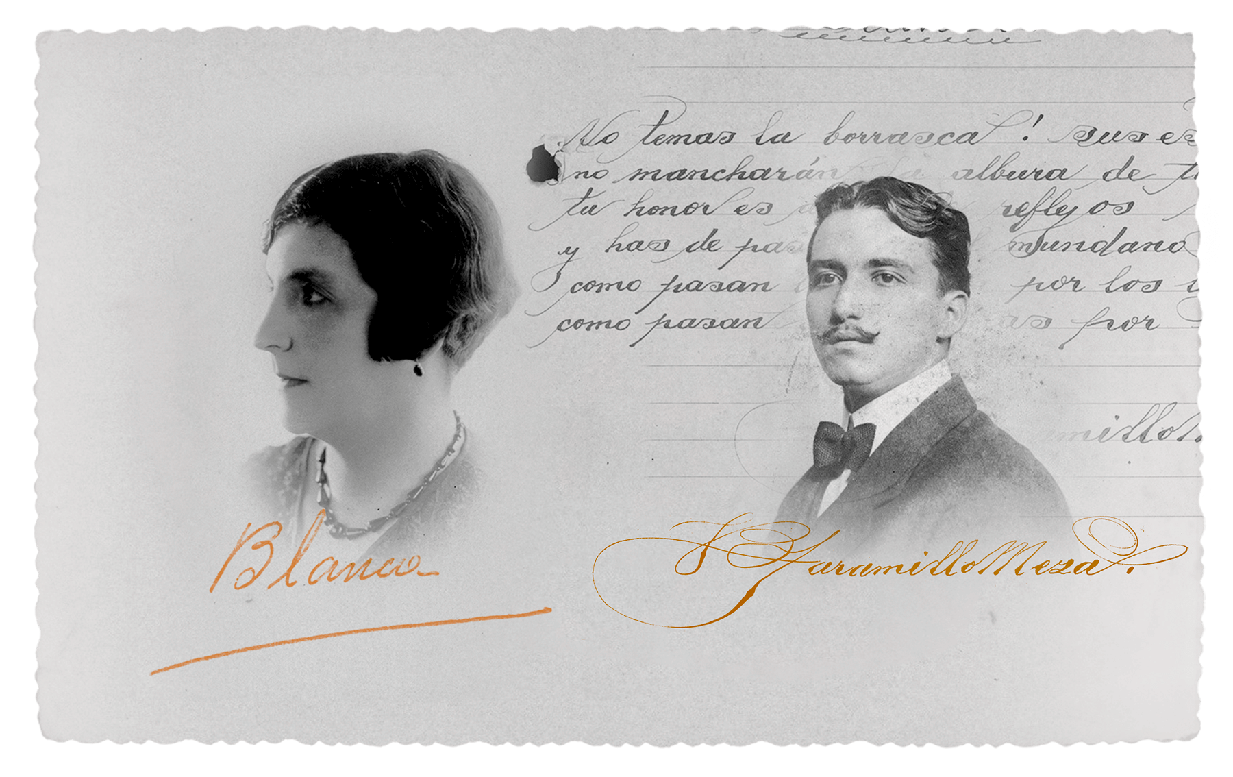Fotografía en blanco y negro de de Blanza Izasa y Juan Bautista con fondo de una carta