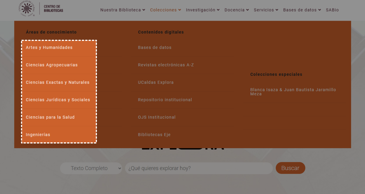 Captura de pantalla mostrando las colecciones de recursos digitales por facultad en el menú