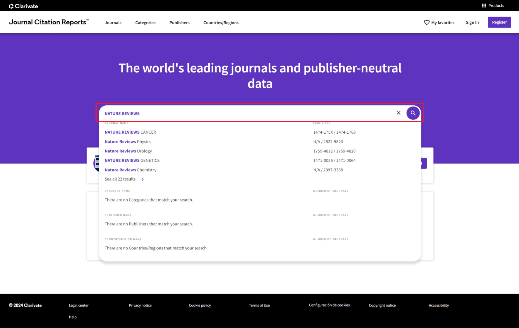 Búsqueda Journal Citations Reports - Nature Reviews