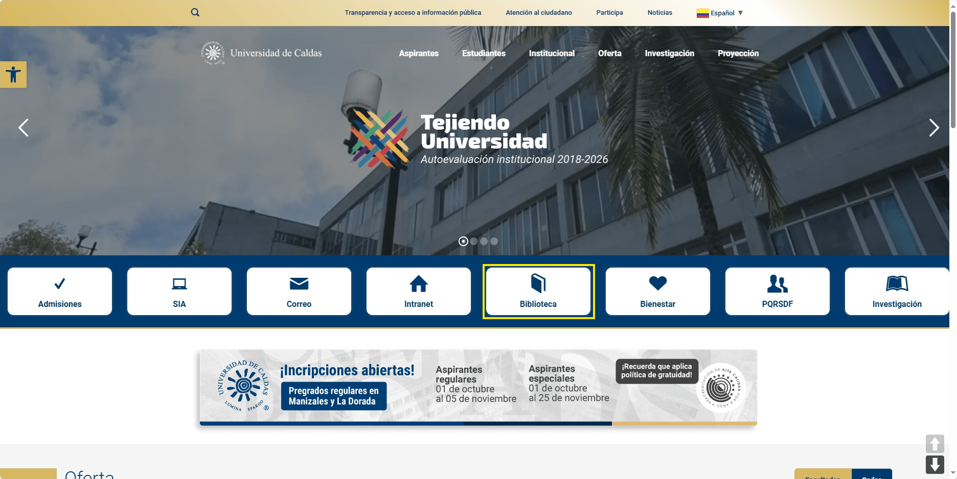 Captura de pantalla página UCaldas Noviembre 2024